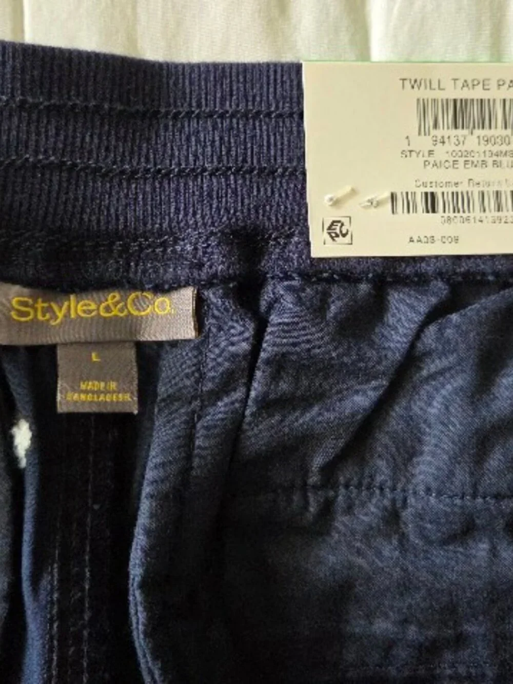 Style & Co Embroidered Navy Straight Leg Pull-On Pant Sz L